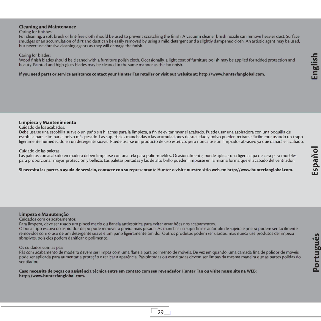 Hunter Fan 41736 installation manual Cleaning and Maintenance, Limpieza y Mantenimiento, Limpeza e Manutenção 