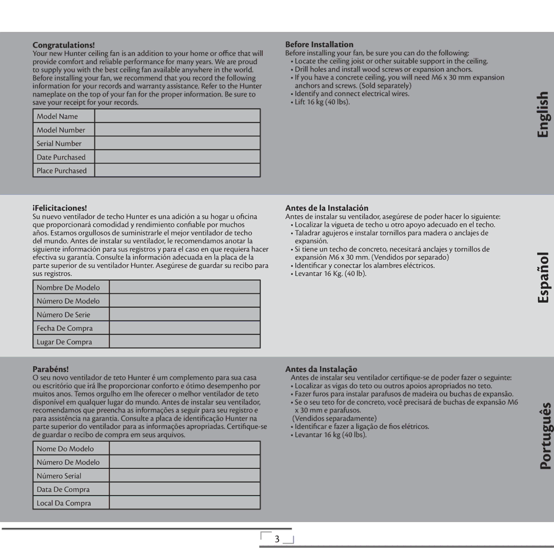 Hunter Fan 41736 Congratulations, Before Installation, ¡Felicitaciones, Antes de la Instalación, Parabéns 