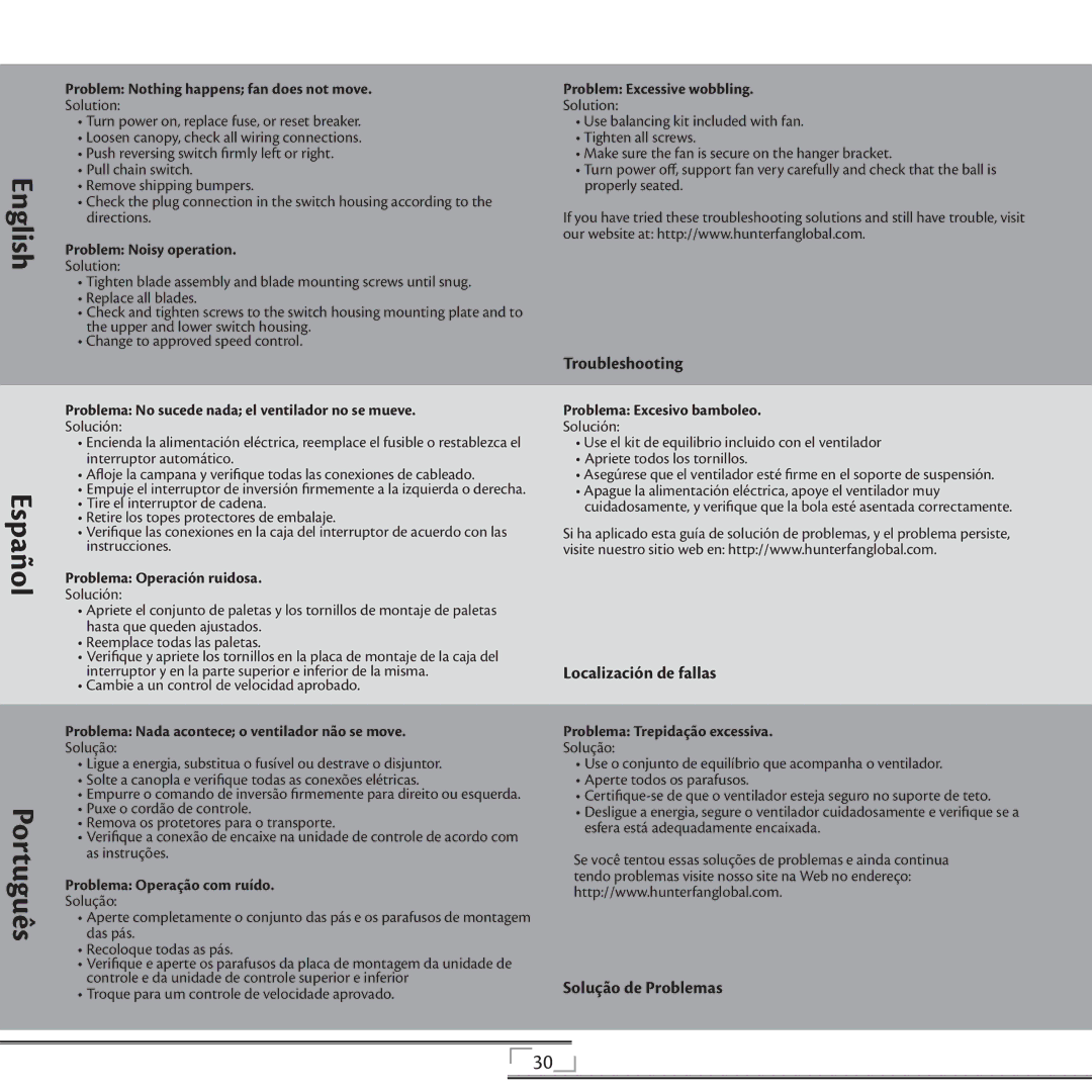 Hunter Fan 41736 installation manual Troubleshooting, Localización de fallas, Solução de Problemas 