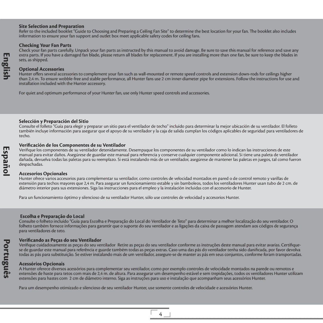 Hunter Fan 41736 Site Selection and Preparation, Checking Your Fan Parts, Optional Accessories, Accesorios Opcionales 