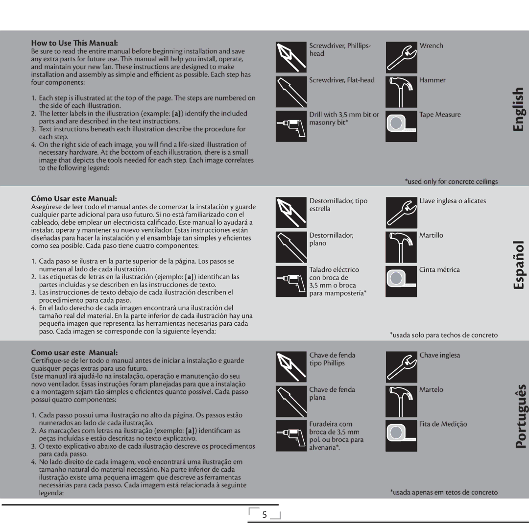 Hunter Fan 41736 installation manual How to Use This Manual, Cómo Usar este Manual, Como usar este Manual 