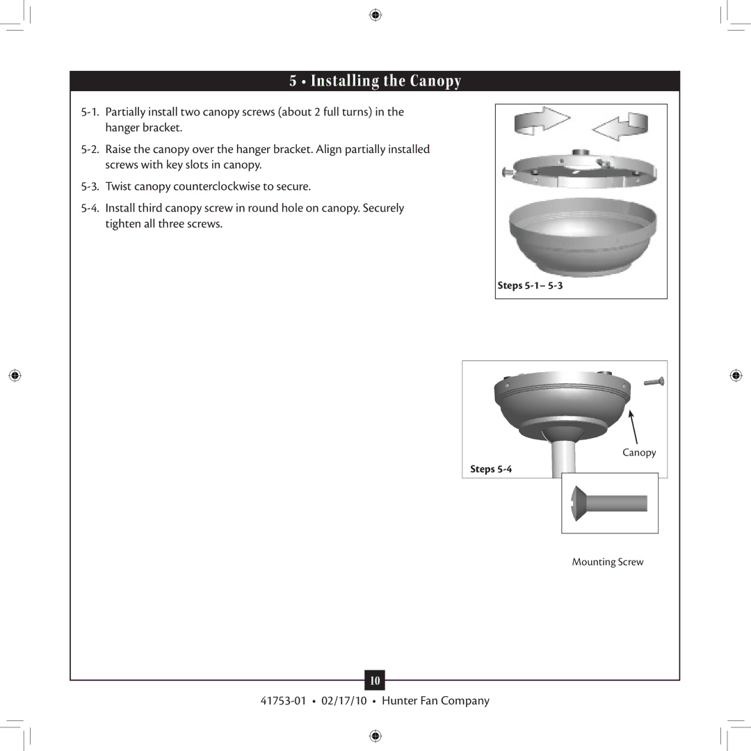 Hunter Fan 41753-01 installation manual Installing the Canopy 