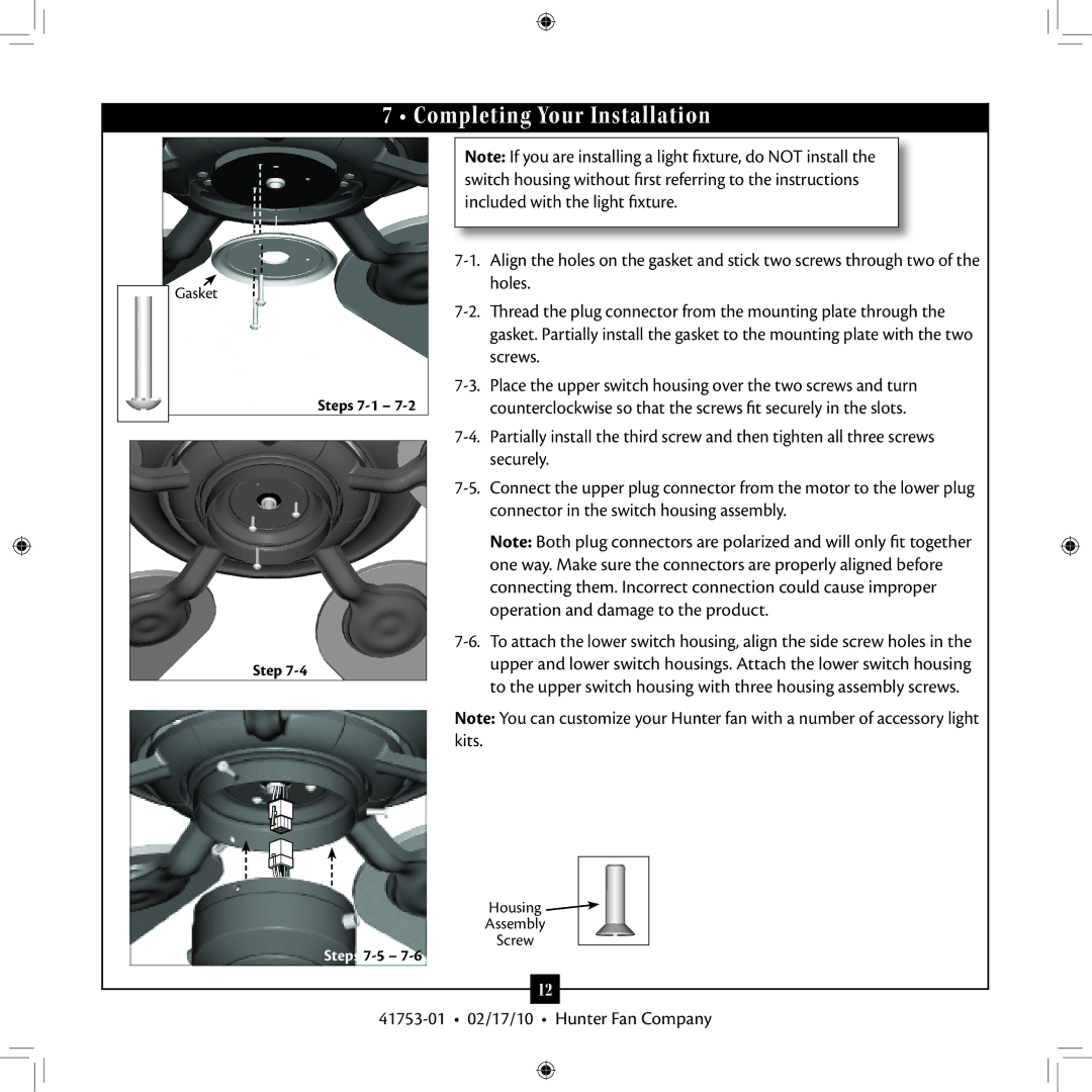 Hunter Fan 41753-01 installation manual Completing Your Installation 