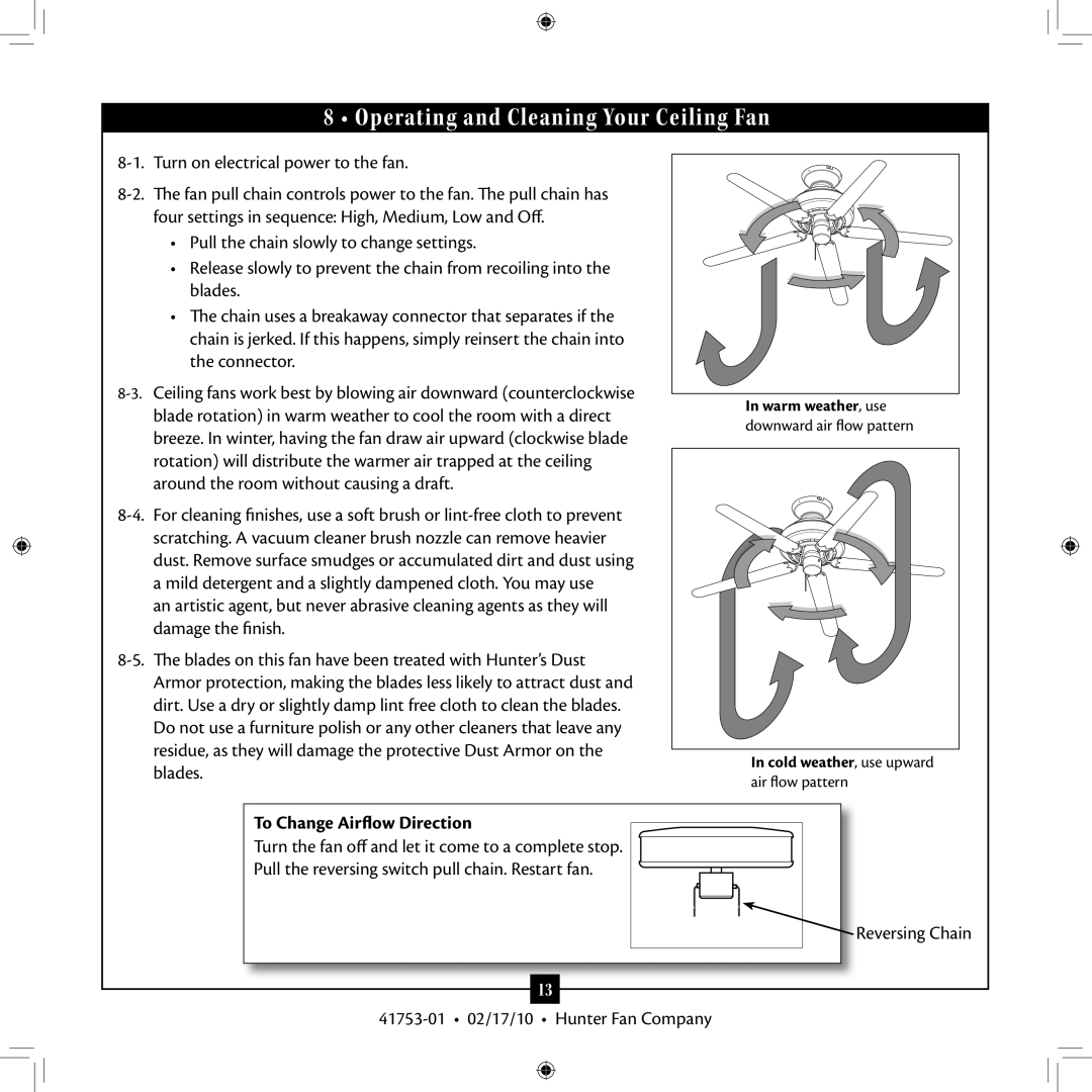 Hunter Fan 41753-01 installation manual Operating and Cleaning Your Ceiling Fan, To Change Airflow Direction 