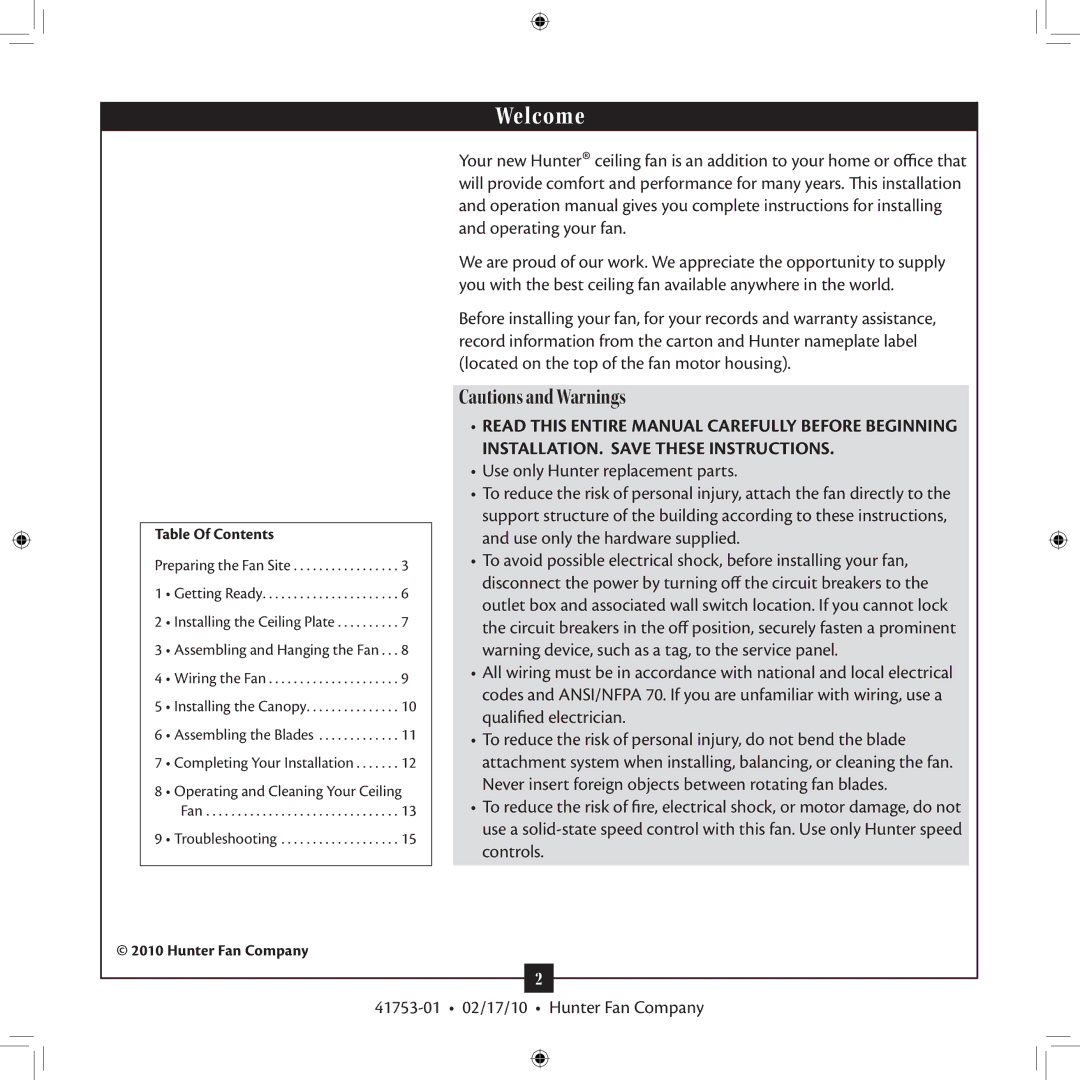 Hunter Fan 41753-01 installation manual Welcome, Table Of Contents 