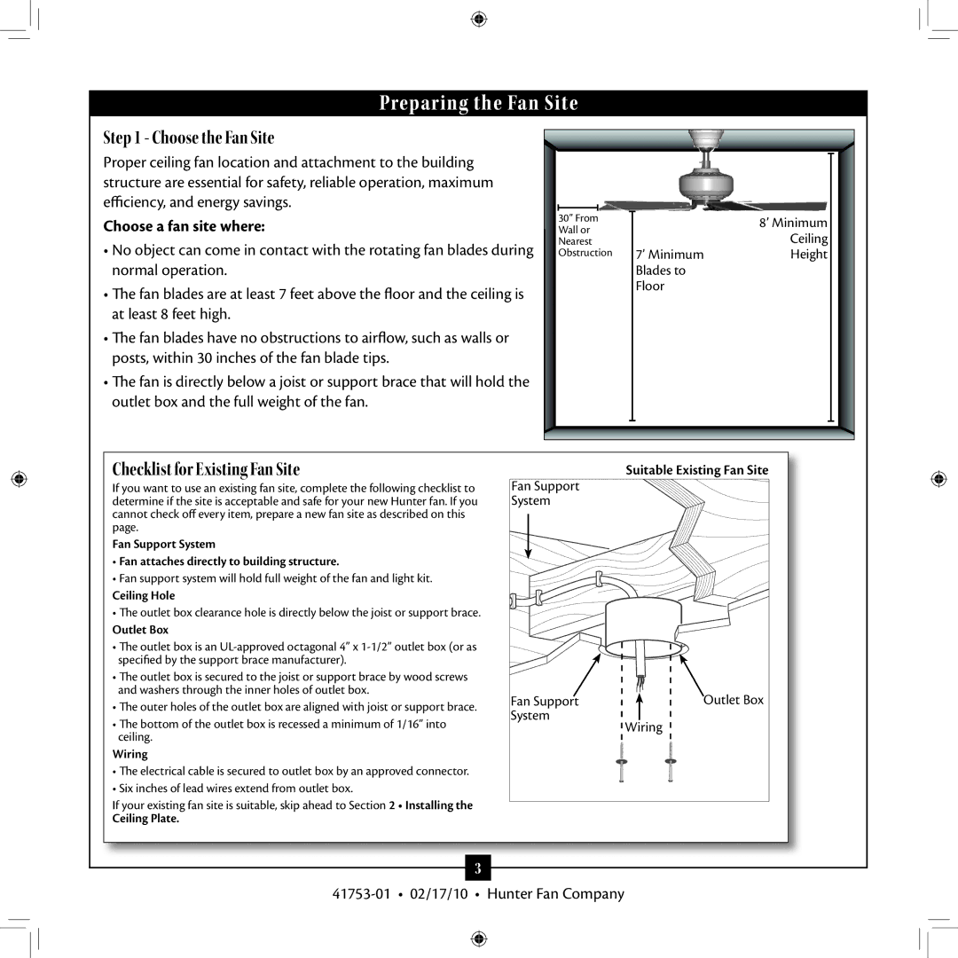 Hunter Fan 41753-01 Preparing the Fan Site, Choose the Fan Site, Checklist for Existing Fan Site, Choose a fan site where 