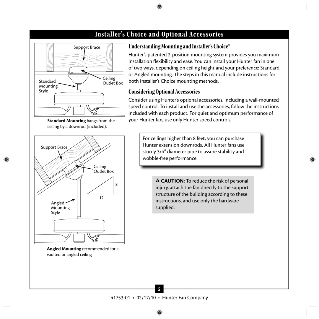 Hunter Fan 41753-01 Installer’s Choice and Optional Accessories, Understanding Mounting and Installer’s Choice 