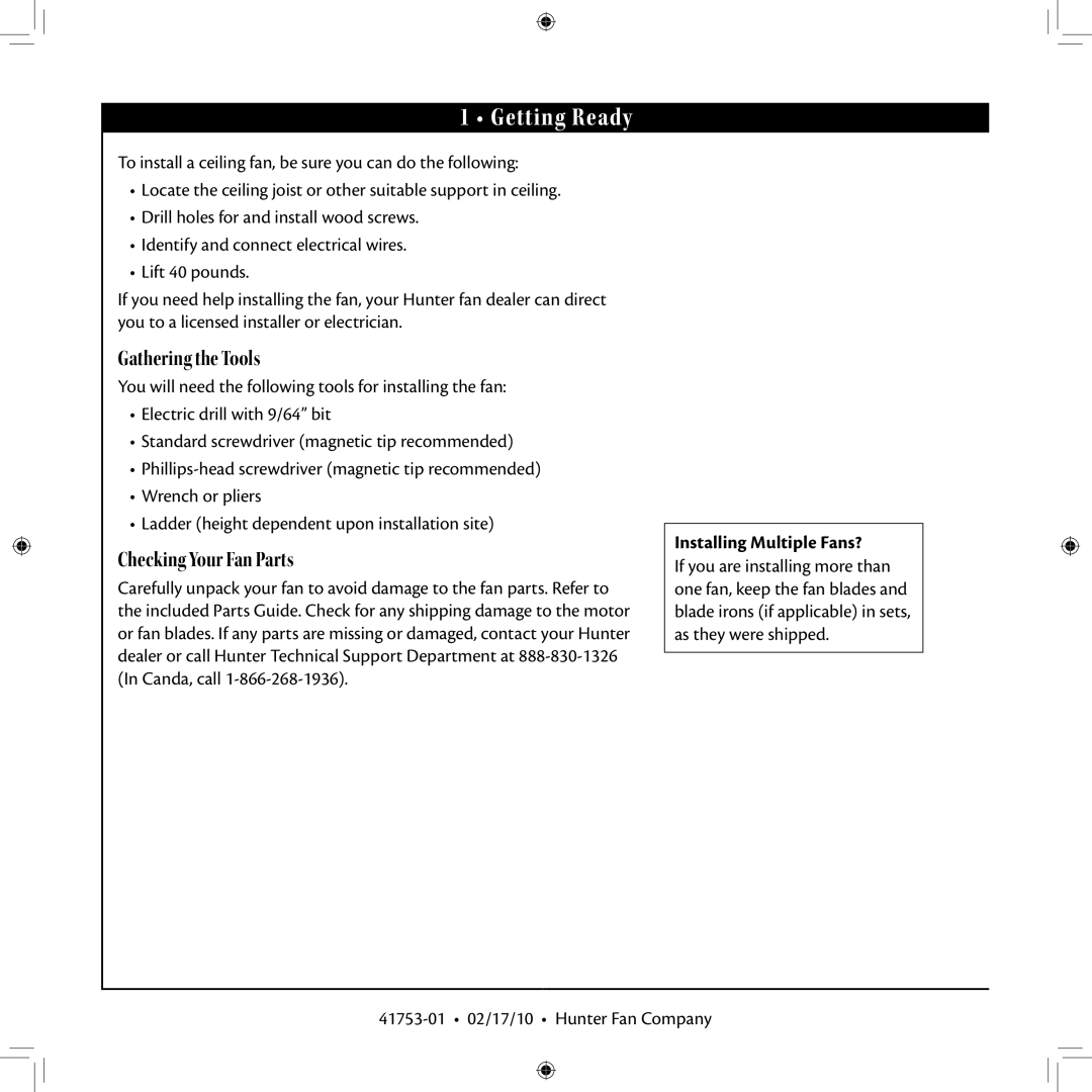Hunter Fan 41753-01 Getting Ready, Gathering the Tools, Checking Your Fan Parts, Installing Multiple Fans? 