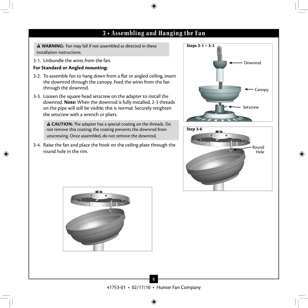 Hunter Fan 41753-01 installation manual Assembling and Hanging the Fan, For Standard or Angled mounting 