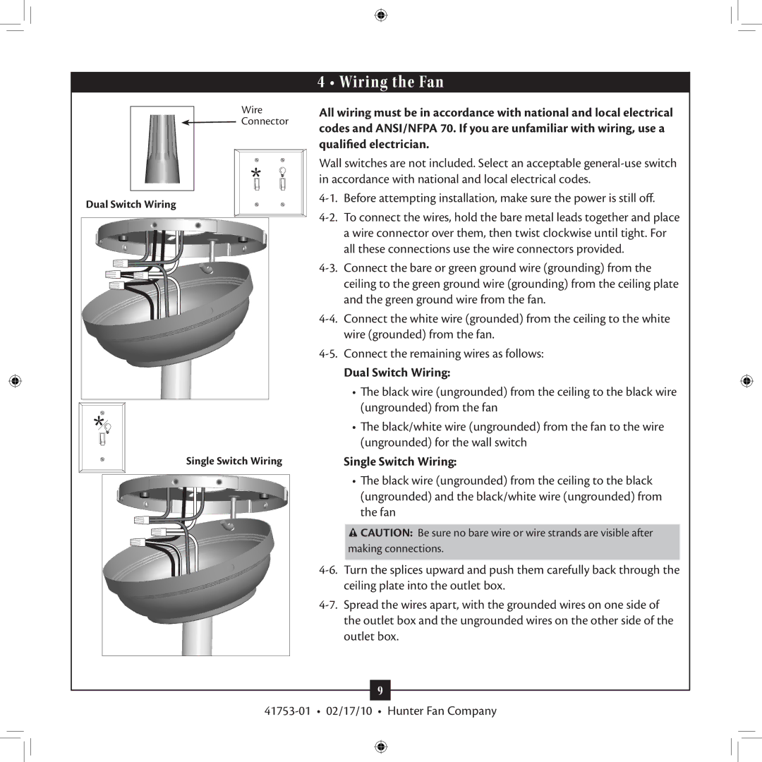 Hunter Fan 41753-01 installation manual Wiring the Fan, Dual Switch Wiring, Single Switch Wiring 