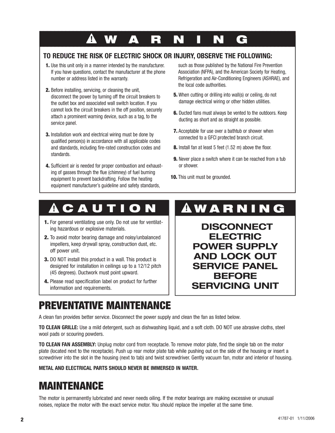 Hunter Fan 41787-01 manual Preventative Maintenance 