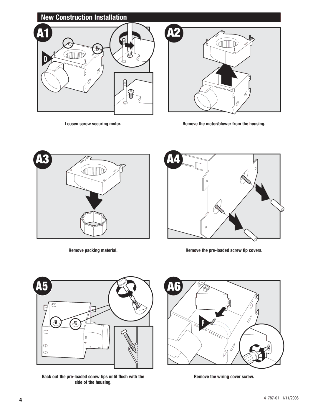 Hunter Fan 41787-01 manual New Construction Installation, Loosen screw securing motor 