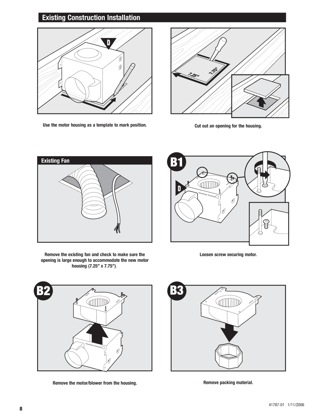 Hunter Fan 41787-01 manual Existing Construction Installation, Existing Fan 