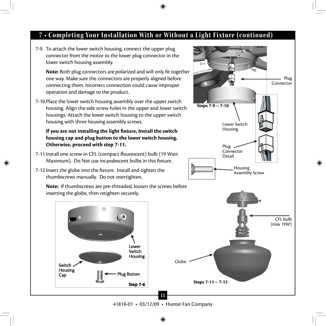 Hunter Fan 41818-01 installation manual Steps 7-9 