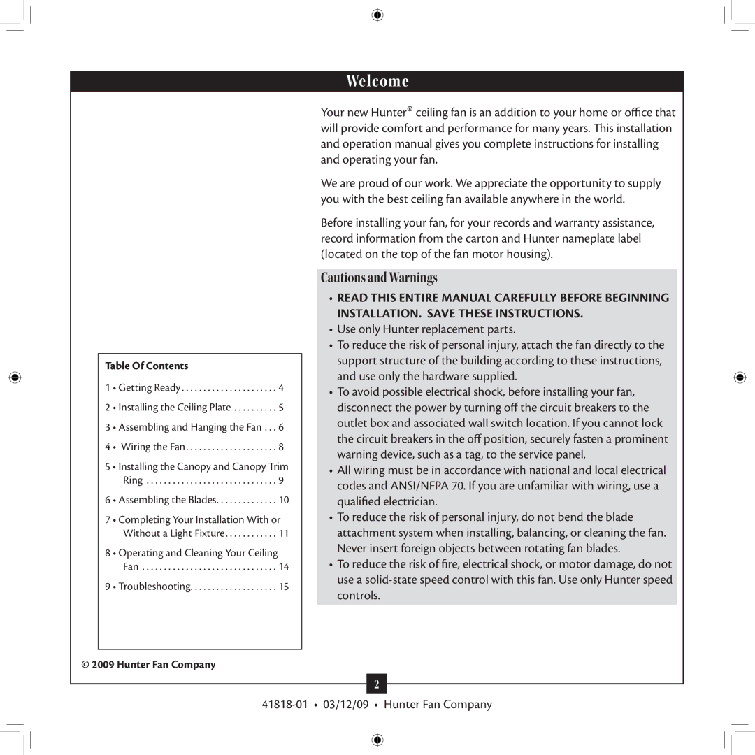 Hunter Fan 41818-01 Use only Hunter replacement parts, Use only the hardware supplied, Qualified electrician, Controls 