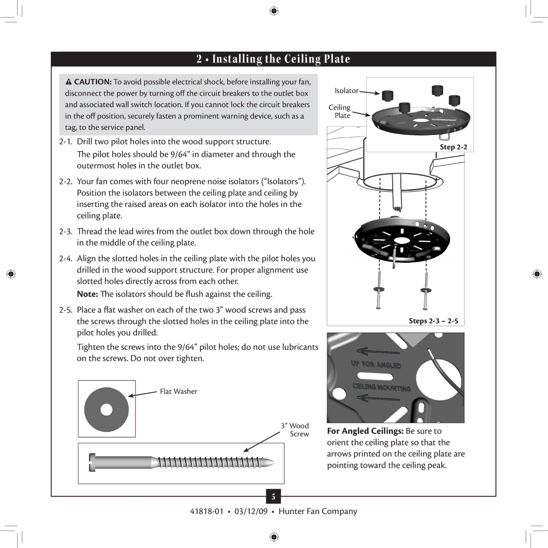 Hunter Fan 41818-01 installation manual Installing the Ceiling Plate 