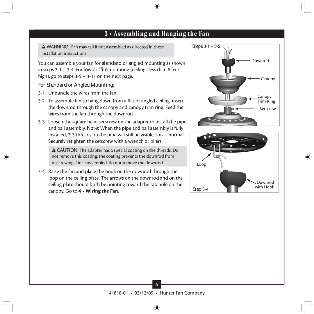 Hunter Fan 41818-01 installation manual Assembling and Hanging the Fan, For Standard or Angled Mounting 