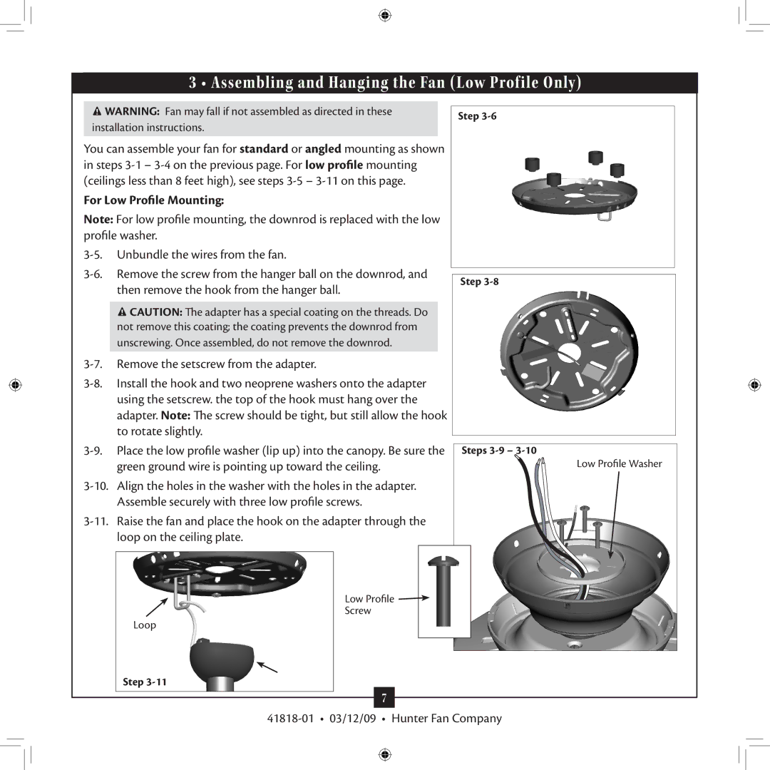 Hunter Fan 41818-01 installation manual Assembling and Hanging the Fan Low Profile Only, For Low Profile Mounting 