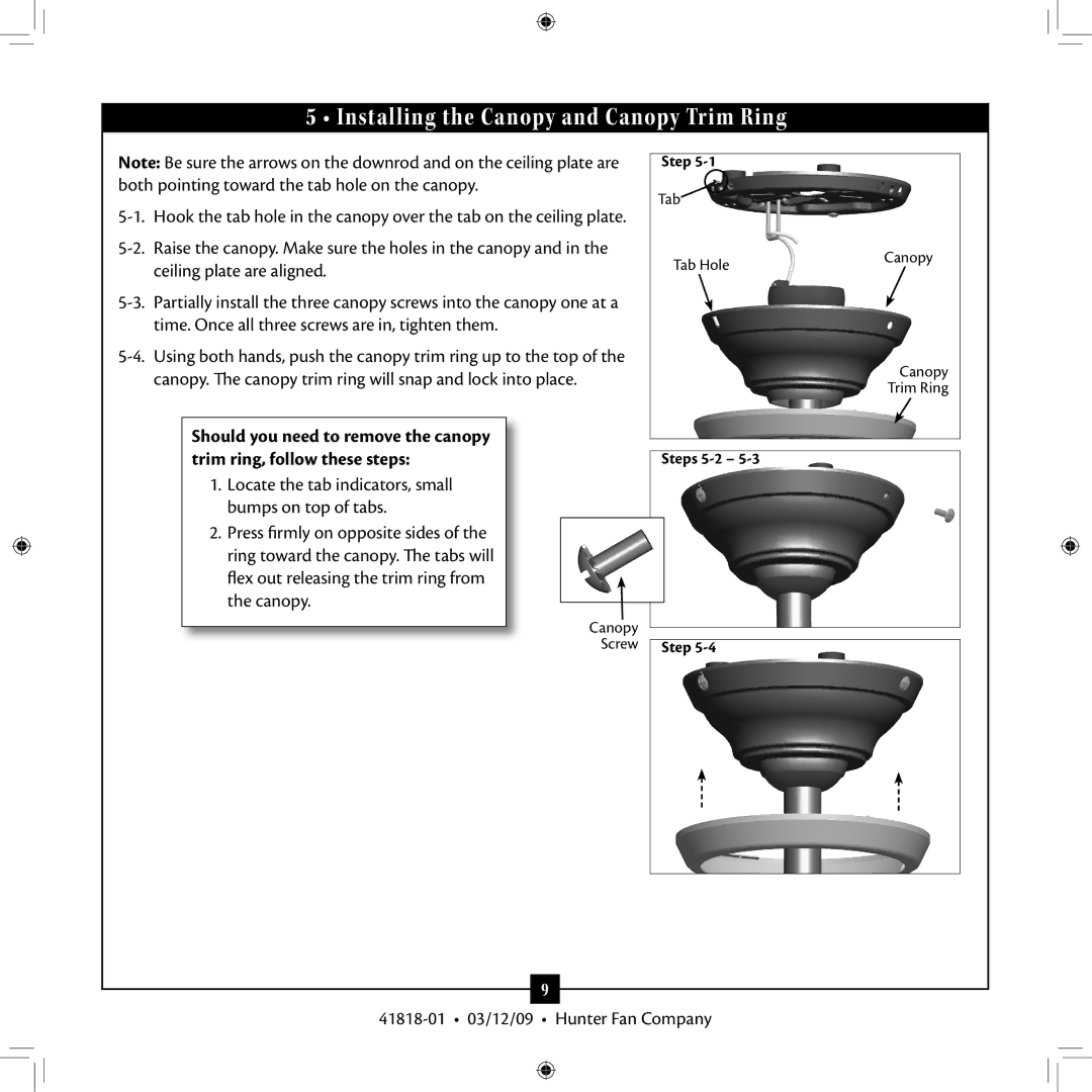 Hunter Fan 41818-01 Installing the Canopy and Canopy Trim Ring, Locate the tab indicators, small bumps on top of tabs 