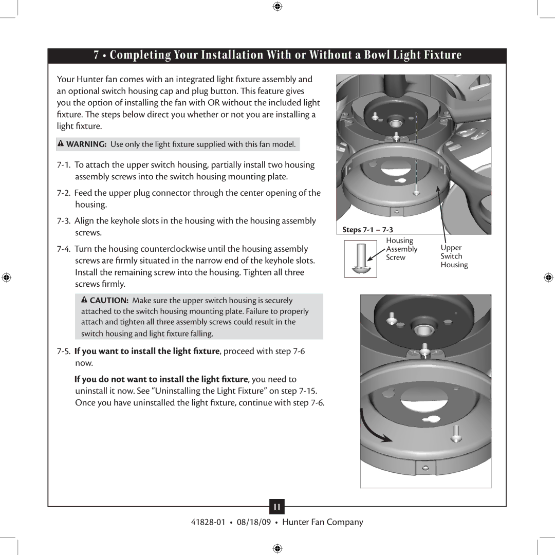 Hunter Fan 41828-01 installation manual Housing Assembly Upper Screw Switch 