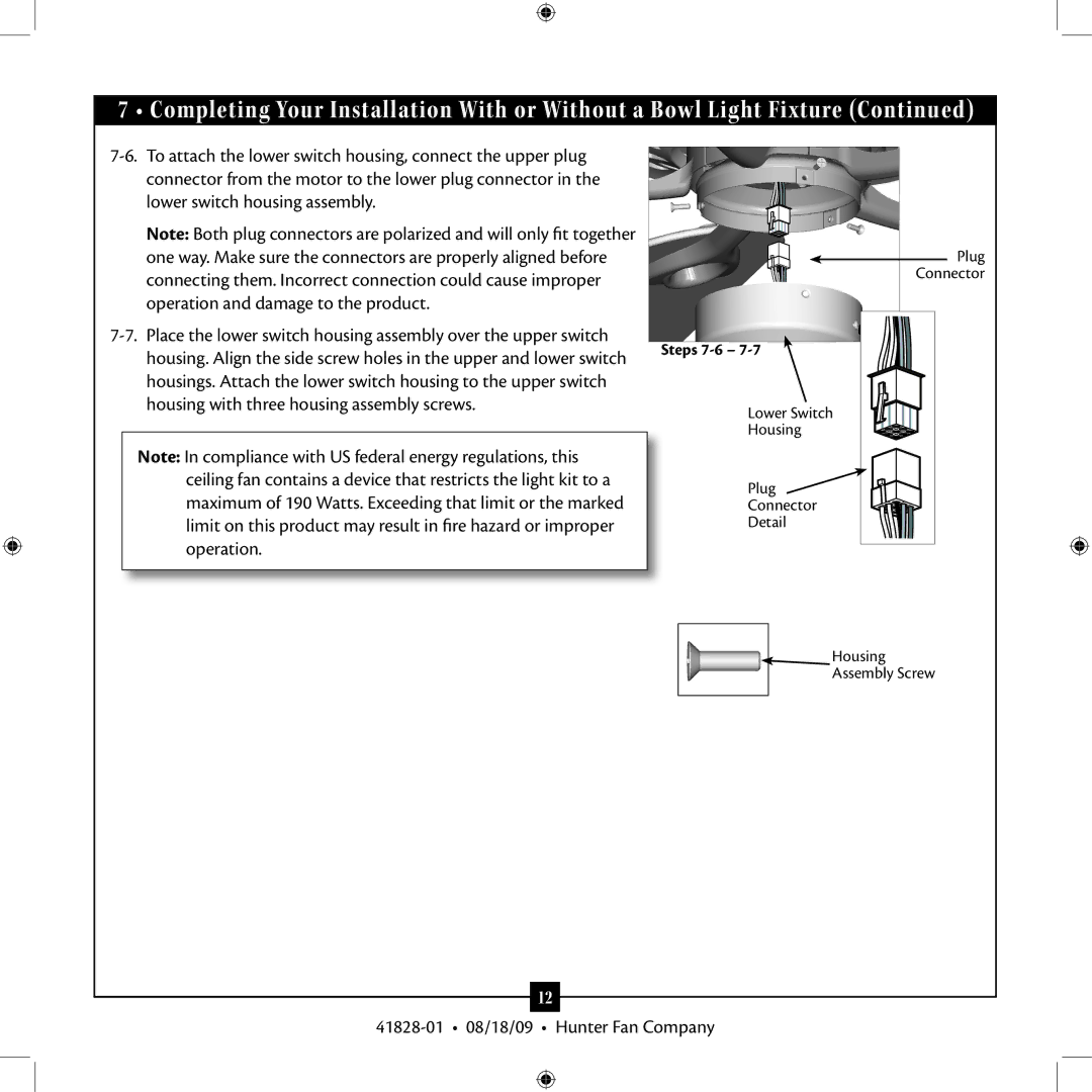 Hunter Fan 41828-01 installation manual Steps 7-6 