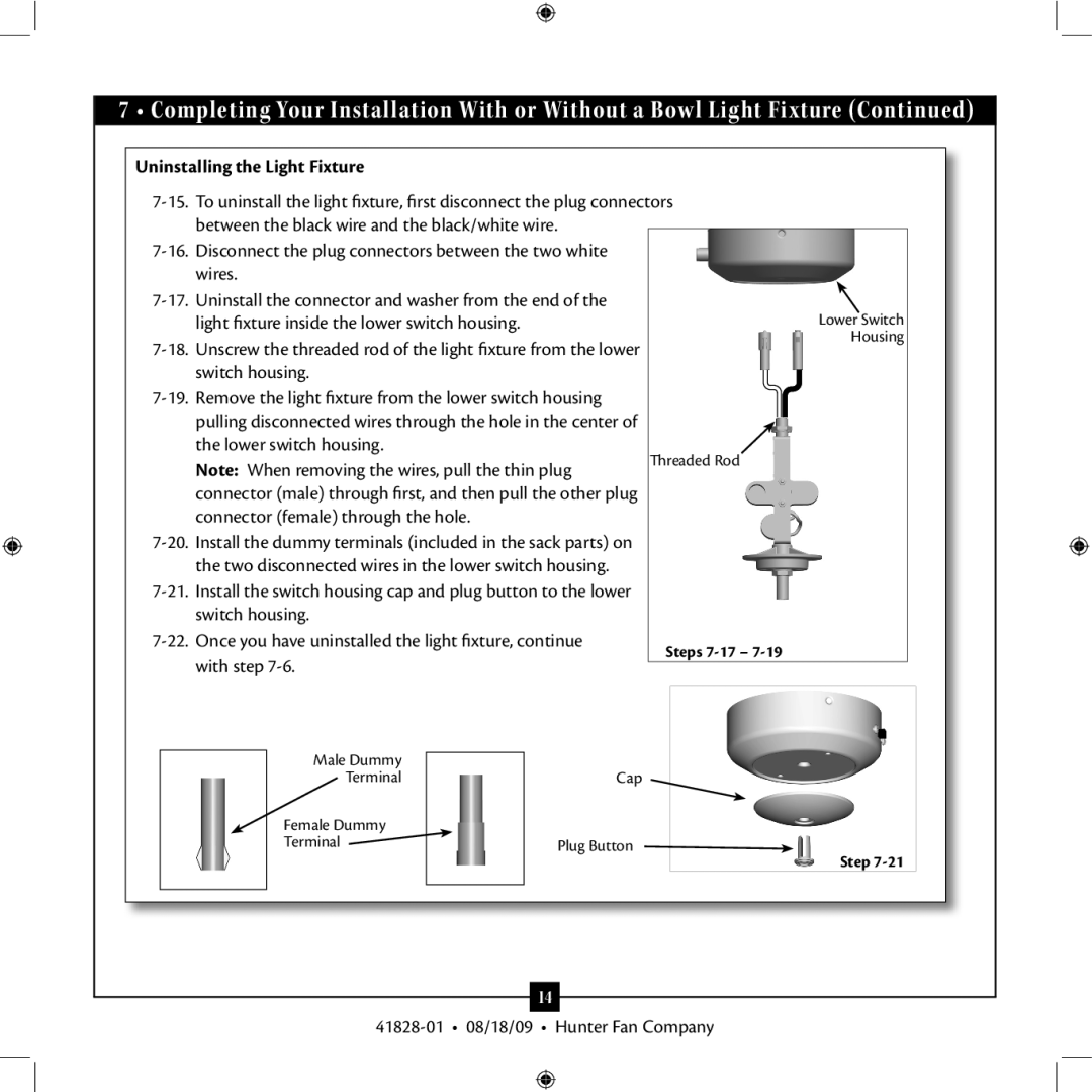 Hunter Fan 41828-01 installation manual Uninstalling the Light Fixture 