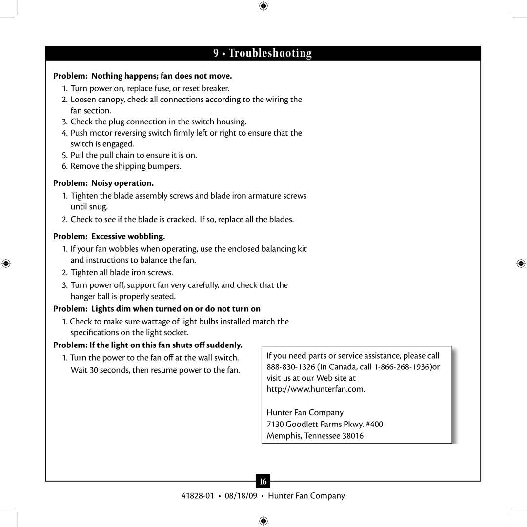 Hunter Fan 41828-01 installation manual Troubleshooting, Problem Nothing happens fan does not move, Problem Noisy operation 