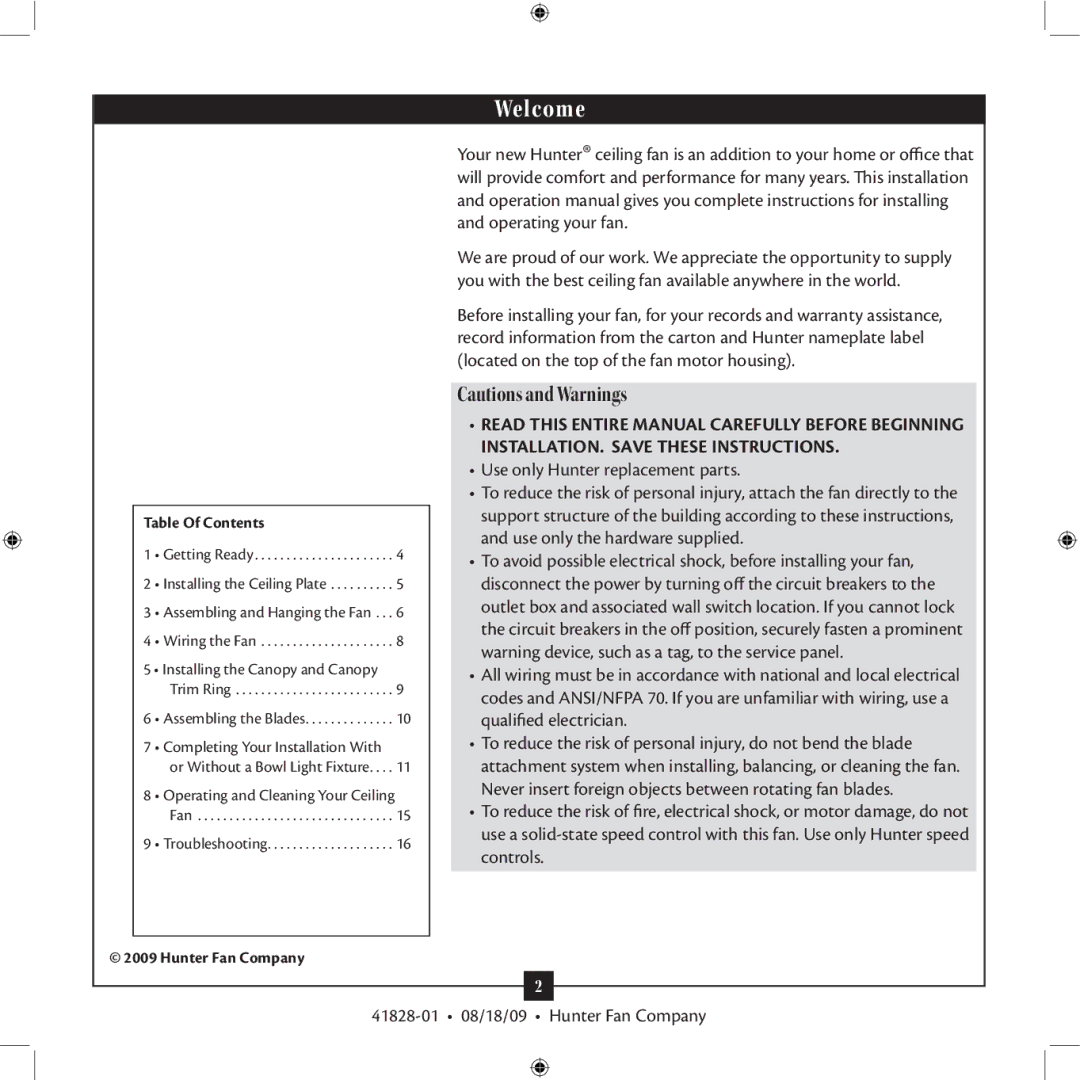 Hunter Fan 41828-01 installation manual Welcome 