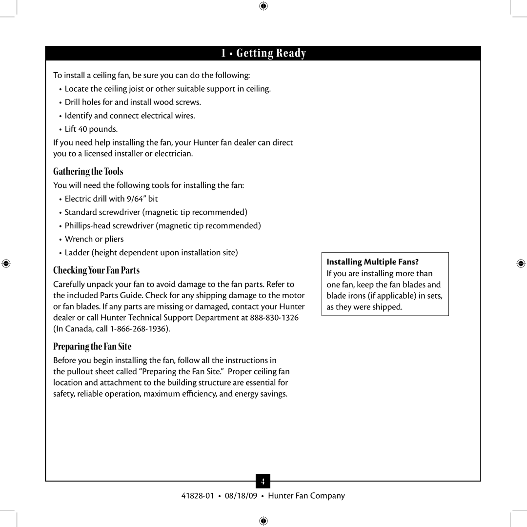 Hunter Fan 41828-01 installation manual Getting Ready, Installing Multiple Fans? 