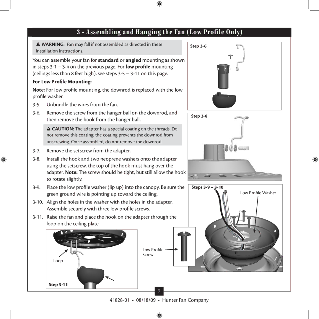 Hunter Fan 41828-01 installation manual Assembling and Hanging the Fan Low Profile Only, For Low Profile Mounting 