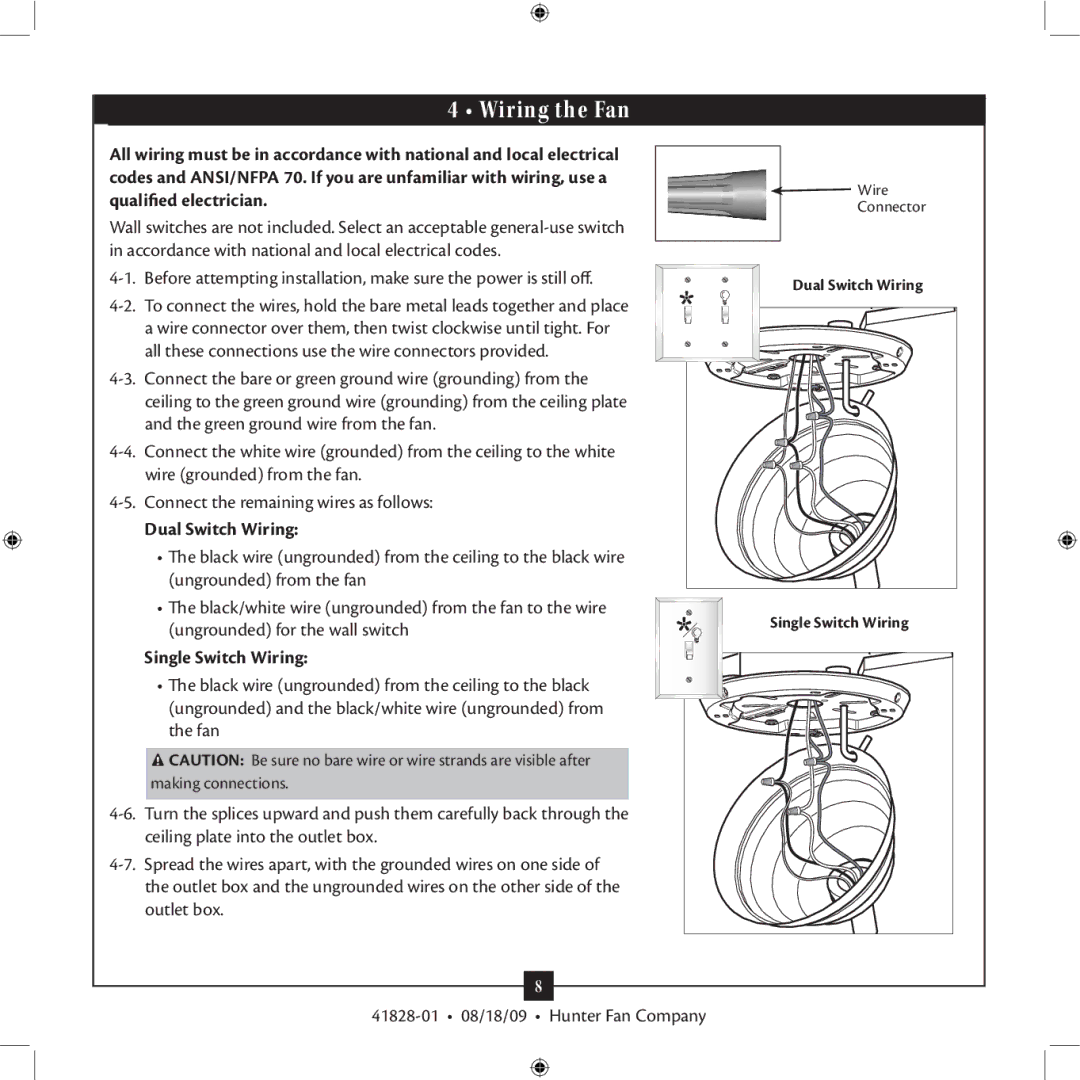 Hunter Fan 41828-01 installation manual Wiring the Fan, Dual Switch Wiring, Single Switch Wiring 