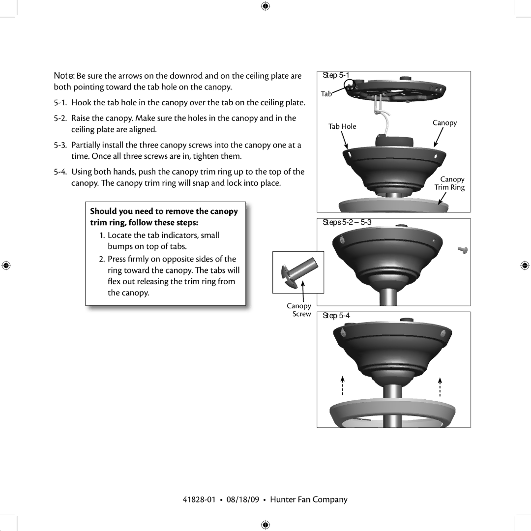 Hunter Fan 41828-01 installation manual Installing the Canopy and Canopy Trim Ring 