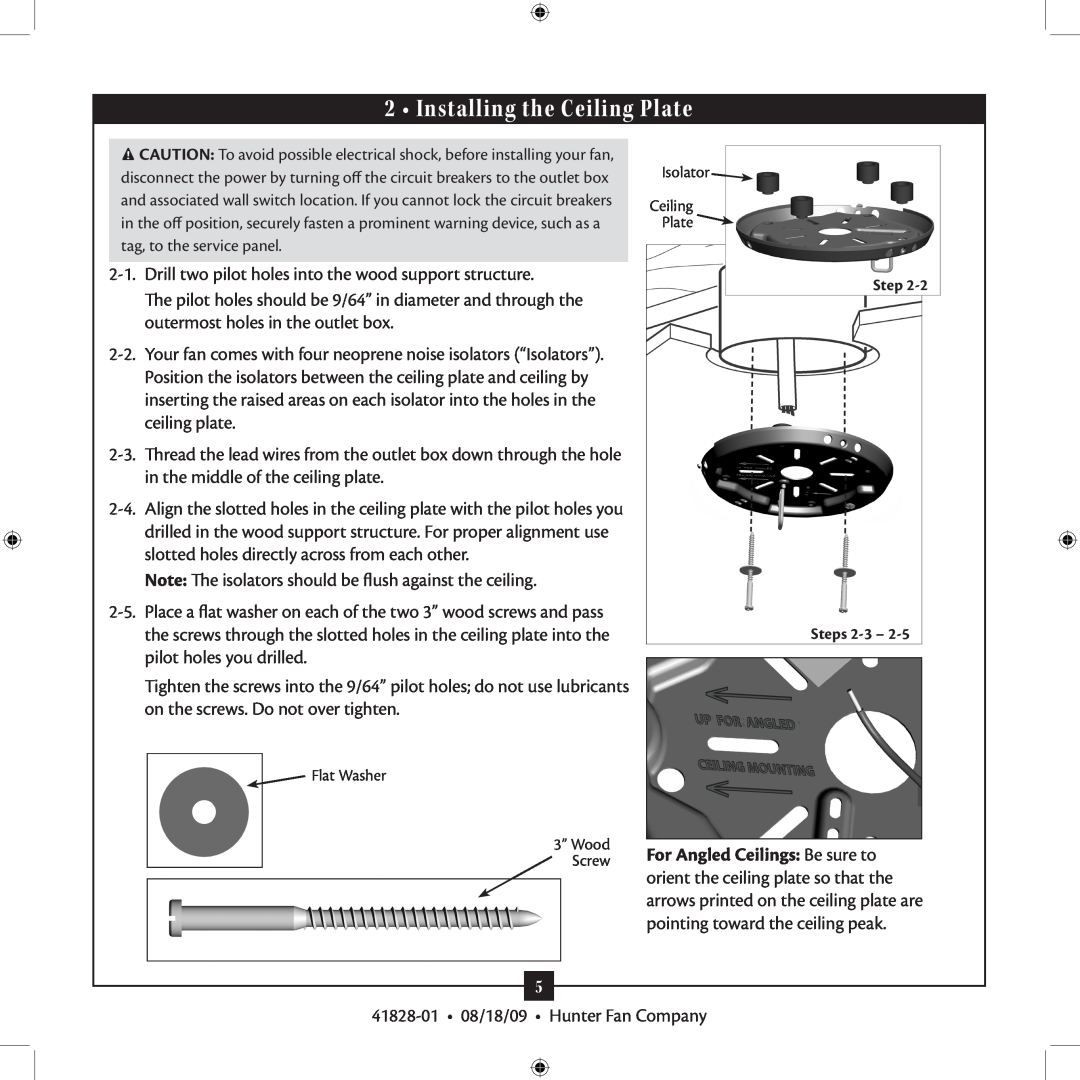 Hunter Fan 41828-01 installation manual Installing the Ceiling Plate 