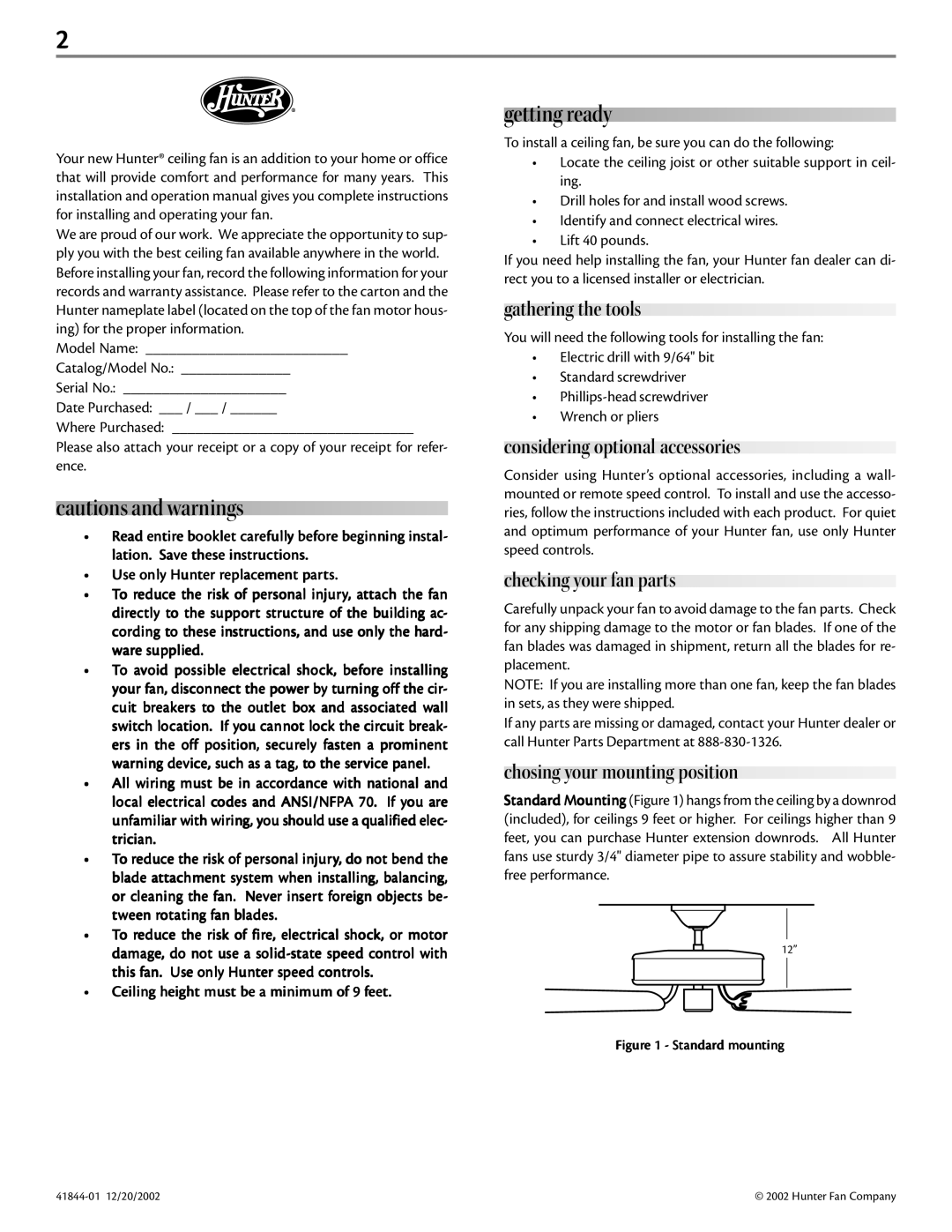 Hunter Fan 41844-01 manual Getting ready, Gathering the tools, Considering optional accessories, Checking your fan parts 