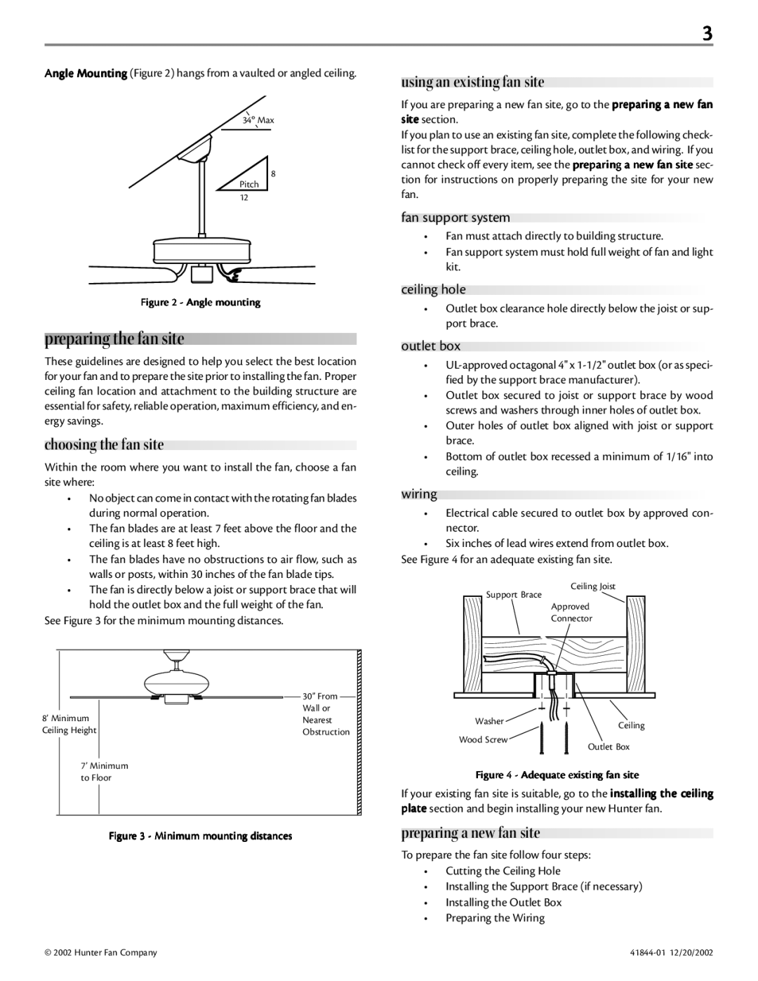 Hunter Fan 41844-01 Preparing the fan site, Choosing the fan site, Using an existing fan site, Preparing a new fan site 