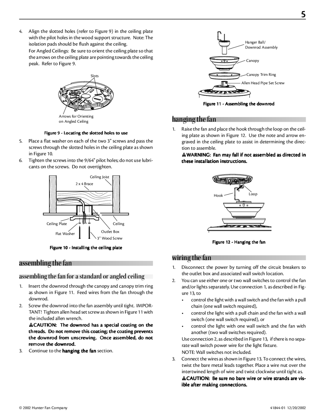 Hunter Fan 41844-01 manual Assembling the fan, Hanging the fan, Wiring the fan 