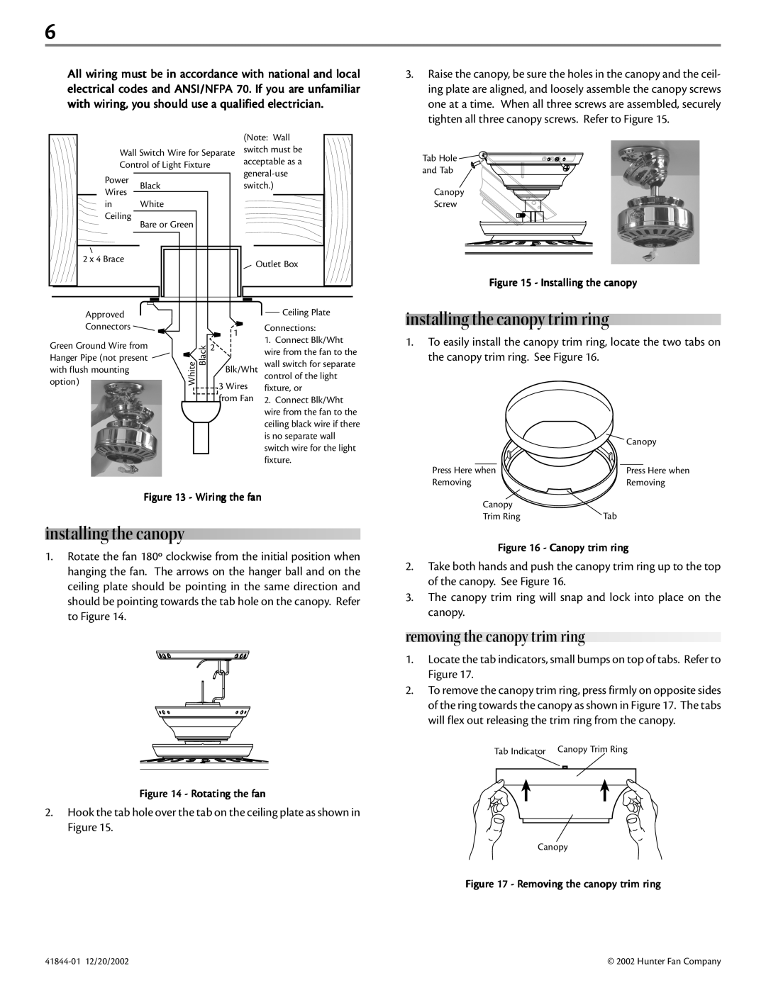 Hunter Fan 41844-01 manual Installing the canopy trim ring, Removing the canopy trim ring 