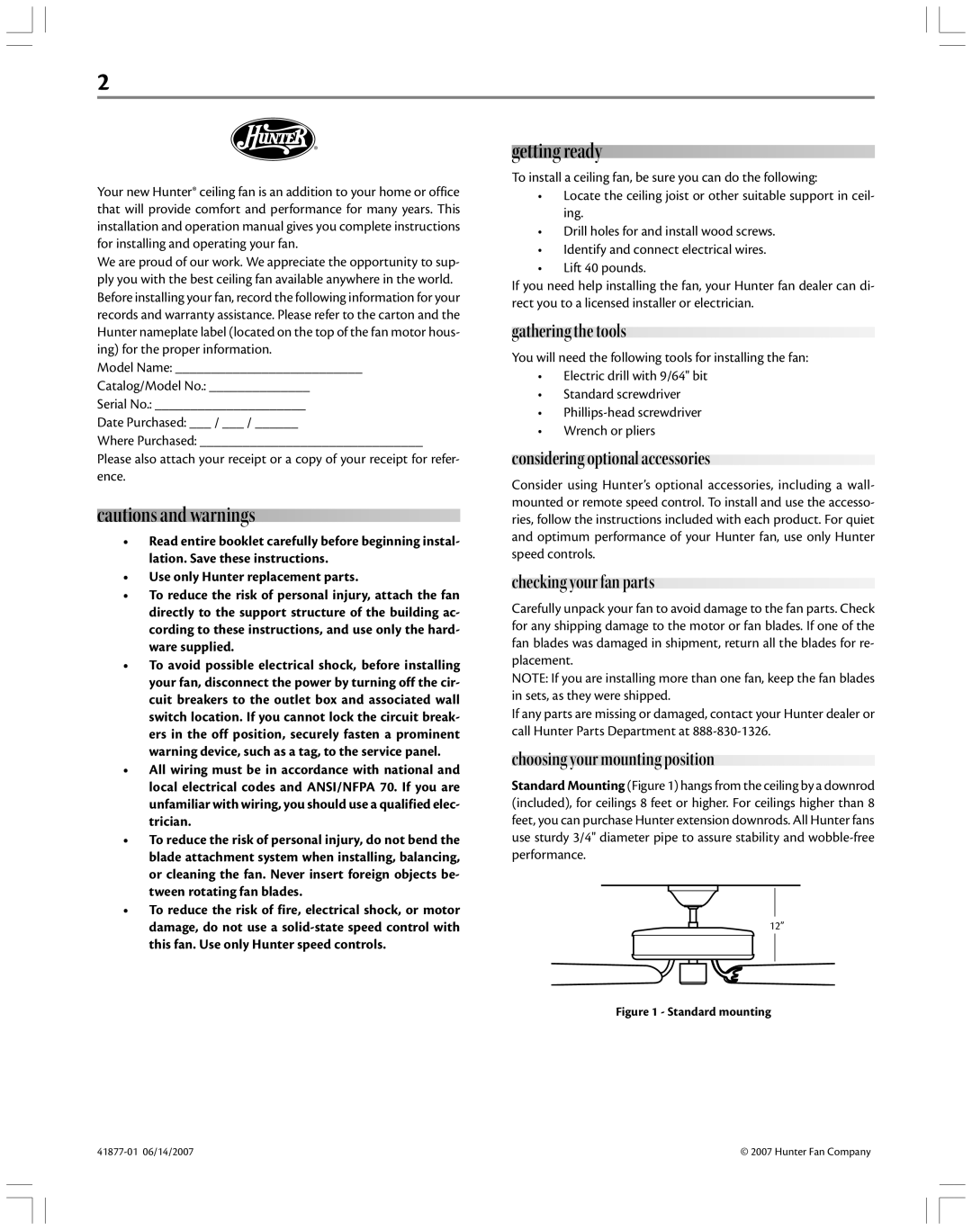 Hunter Fan 41877-01 manual Getting ready, Gathering the tools, Considering optional accessories, Checking your fan parts 