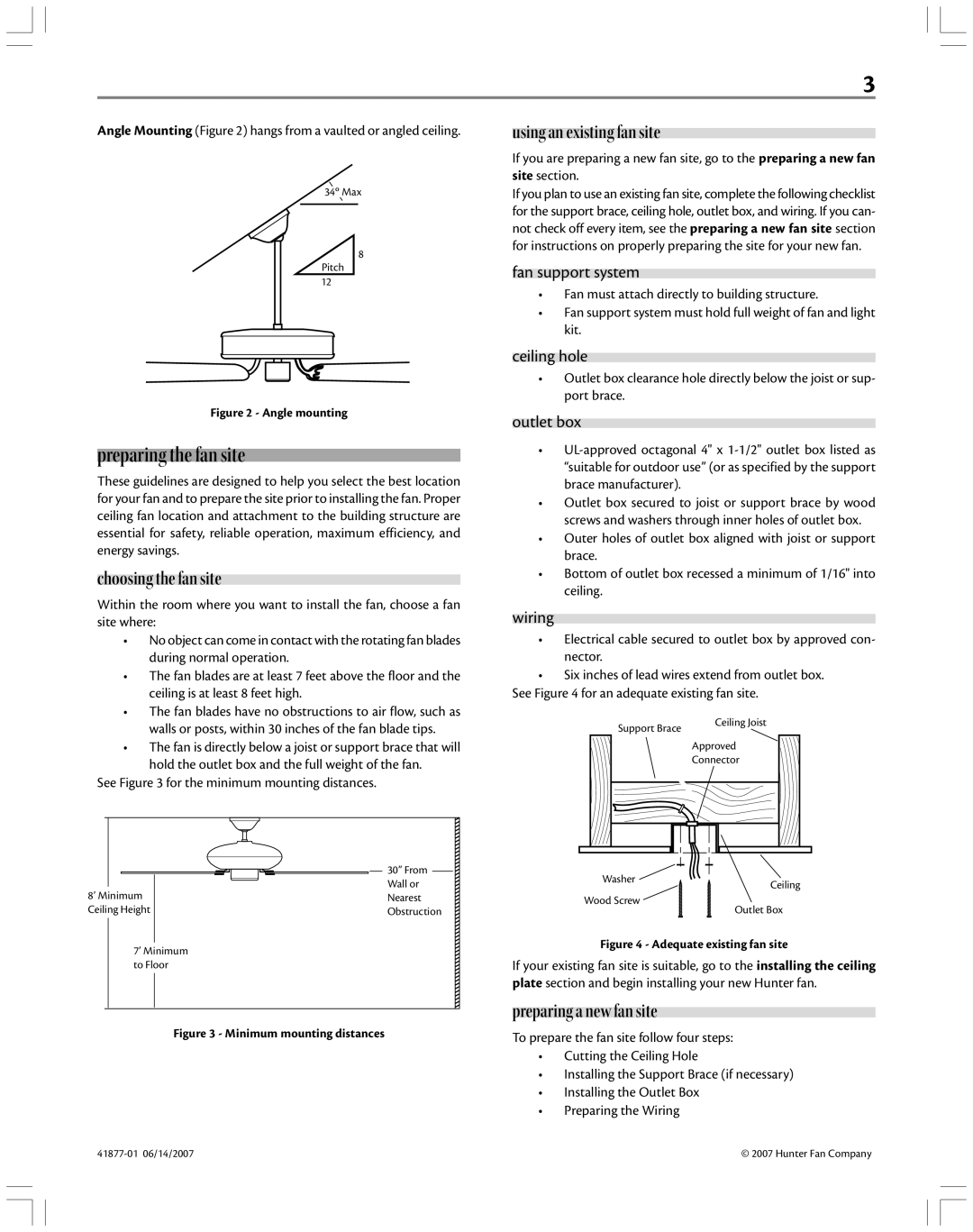 Hunter Fan 41877-01 Preparing the fan site, Choosing the fan site, Using an existing fan site, Preparing a new fan site 