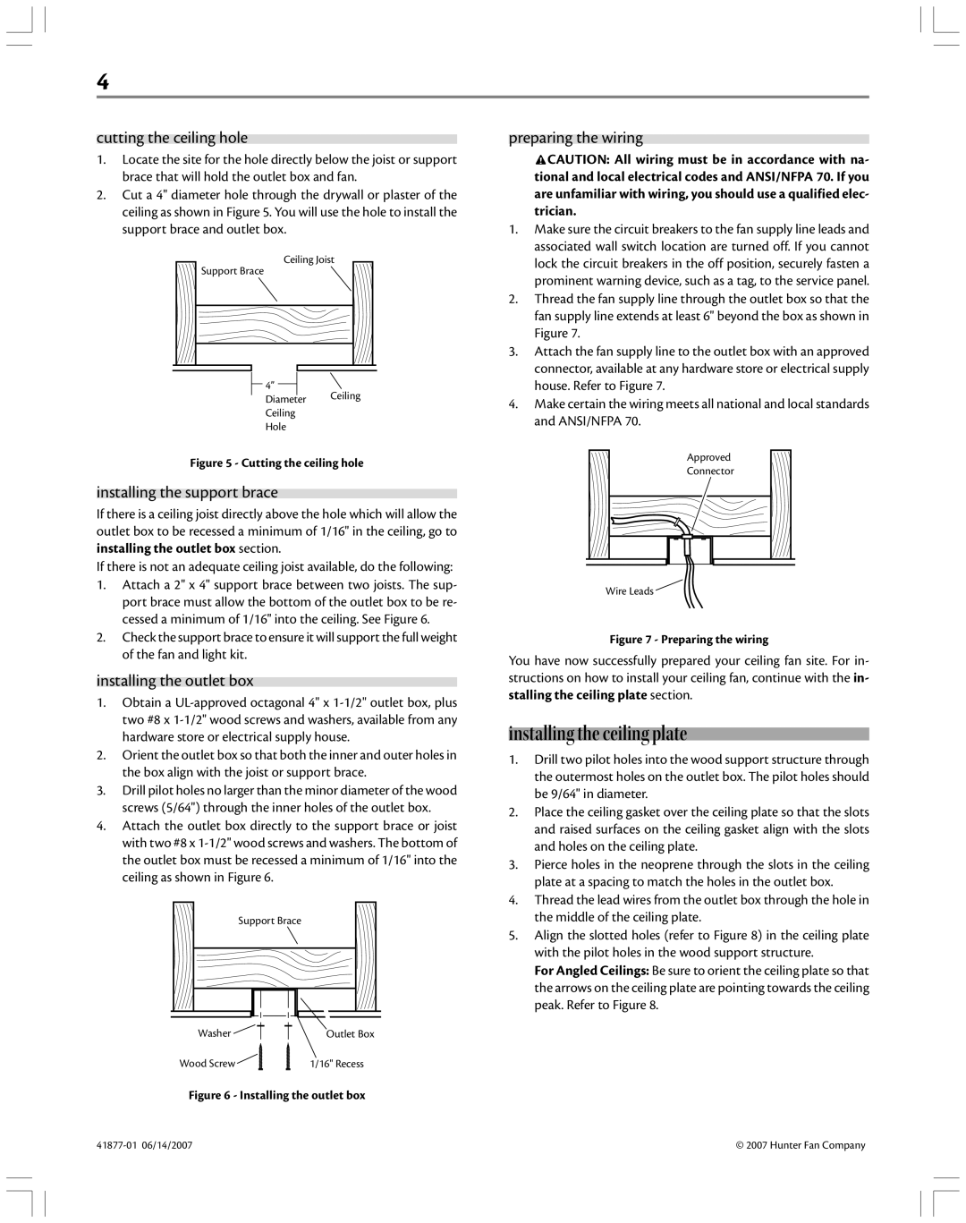 Hunter Fan 41877-01 manual Installing the ceiling plate, Cutting the ceiling hole, Installing the support brace 