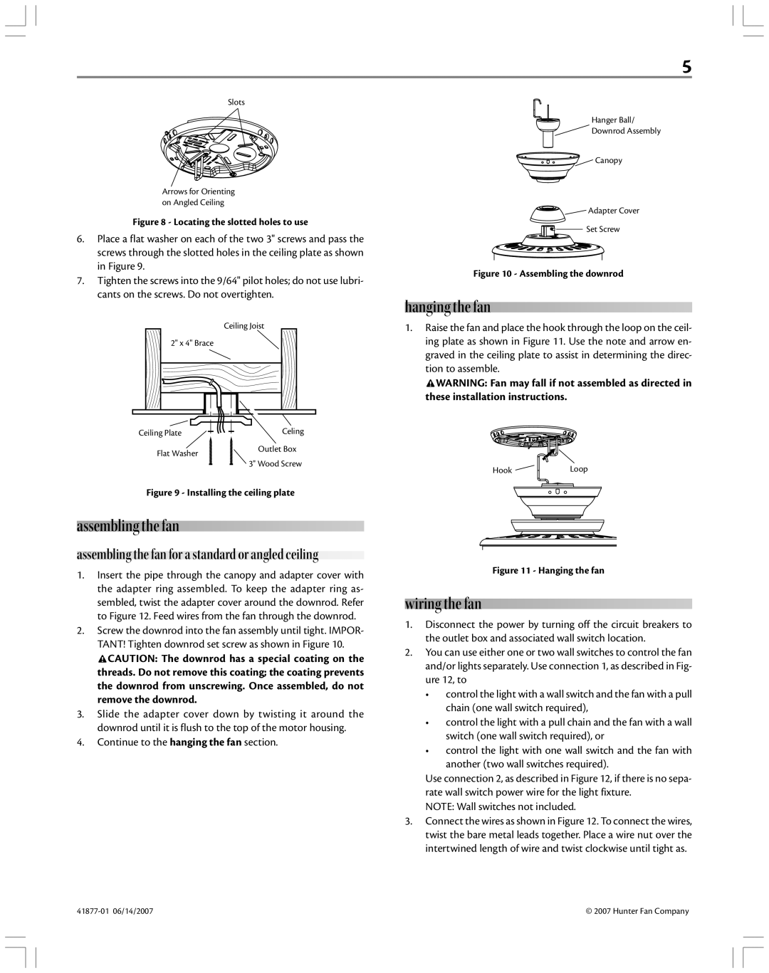 Hunter Fan 41877-01 manual Assembling the fan, Hanging the fan, Wiring the fan, Continue to the hanging the fan section 
