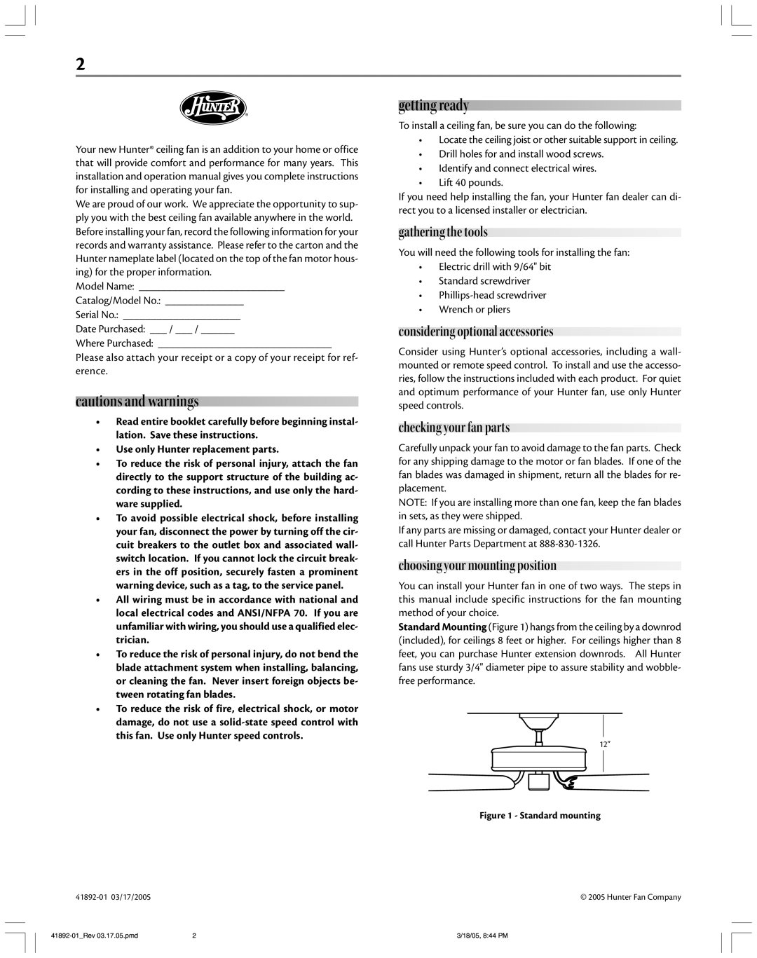 Hunter Fan 41892 manual Getting ready, Gathering the tools, Considering optional accessories, Checking your fan parts 