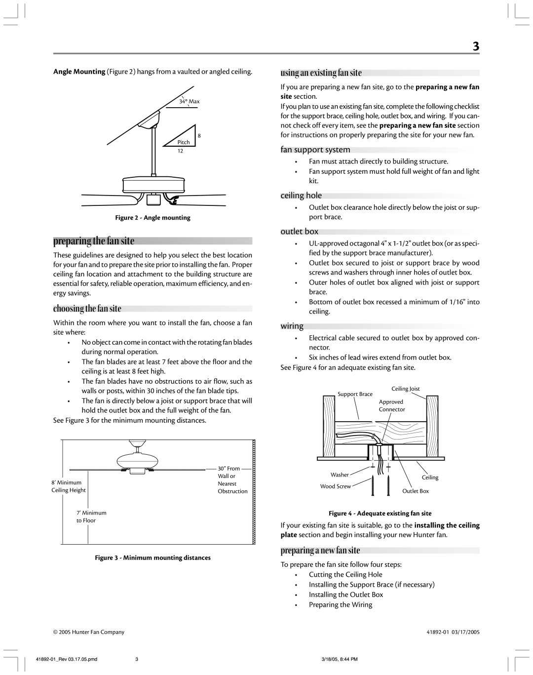 Hunter Fan 41892 manual Preparing the fan site, Choosing the fan site, Using an existing fan site, Preparing a new fan site 