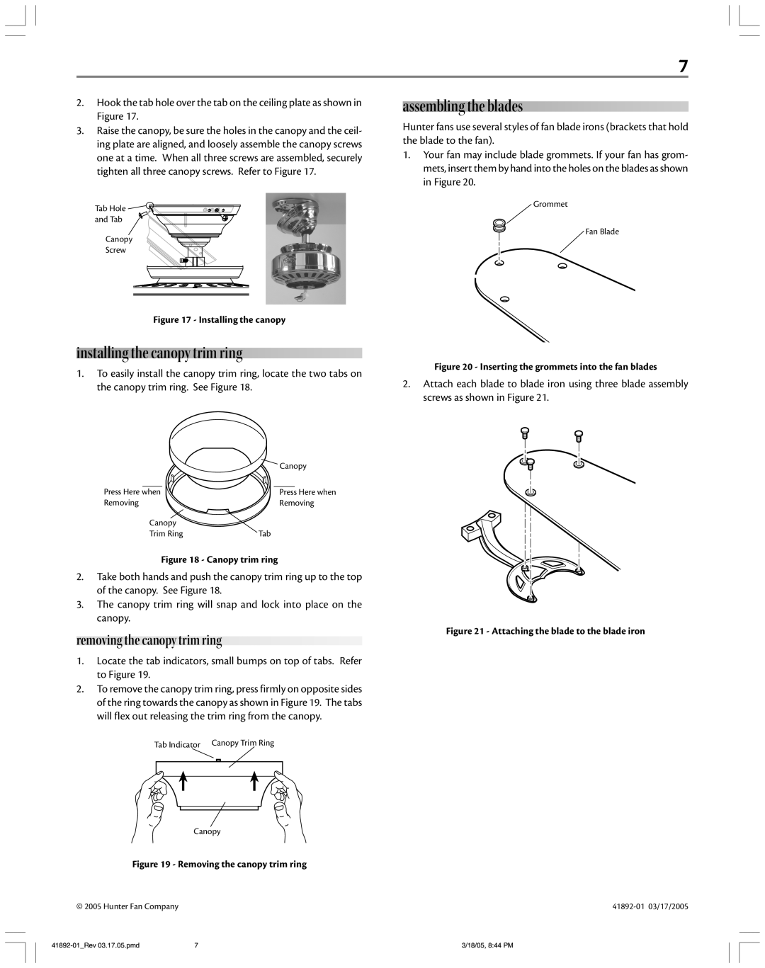 Hunter Fan 41892 manual Installing the canopy trim ring, Assembling the blades, Removing the canopy trim ring 