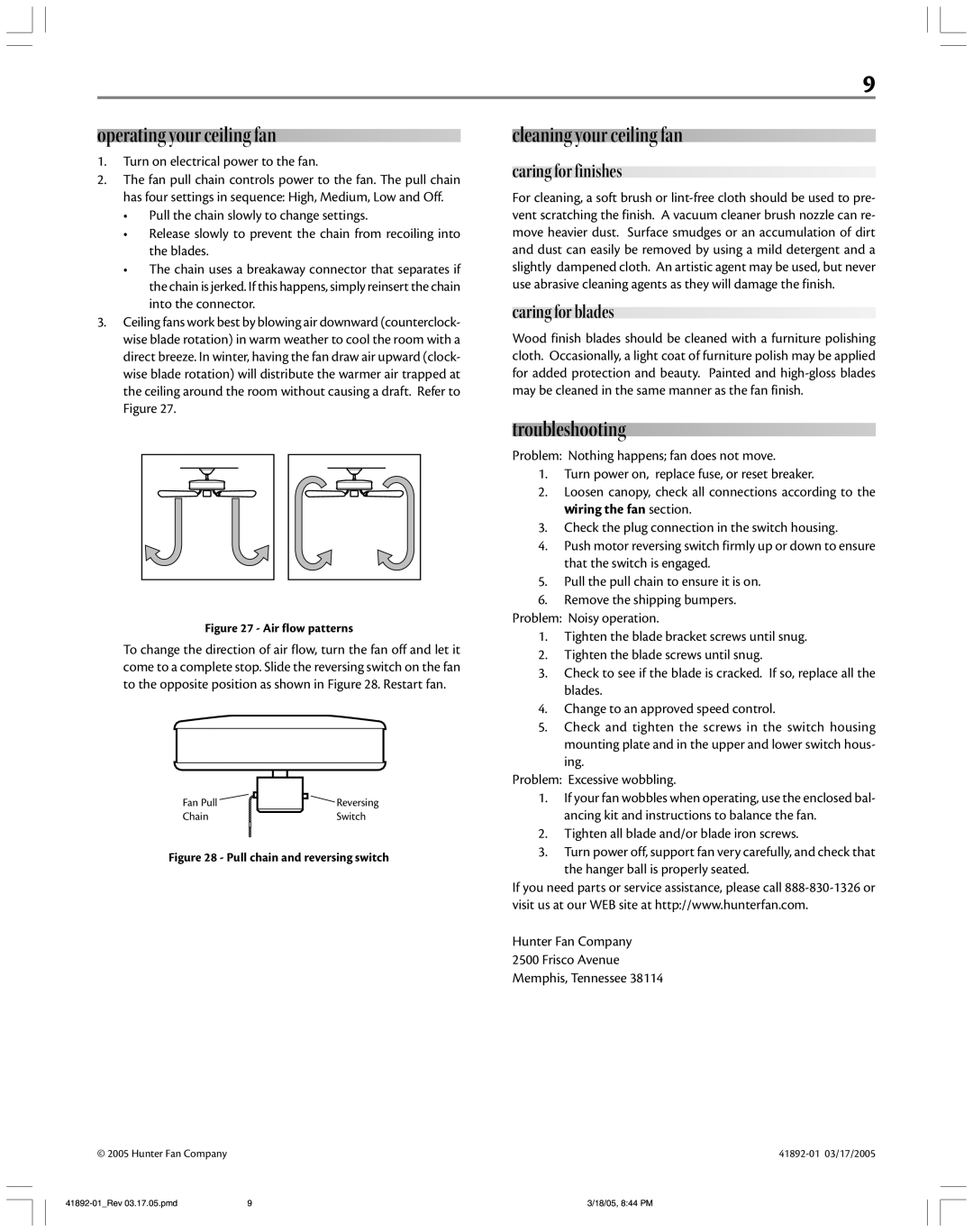 Hunter Fan 41892 manual Operating your ceiling fan, Cleaning your ceiling fan, Troubleshooting, Caring for finishes 