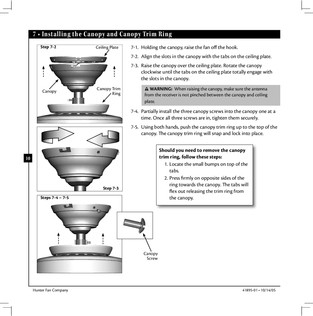 Hunter Fan 41895-01 manual Installing the Canopy and Canopy Trim Ring 