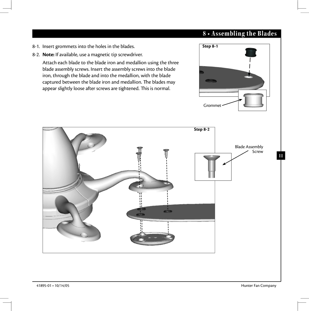 Hunter Fan 41895-01 manual Assembling the Blades, Insert grommets into the holes in the blades 