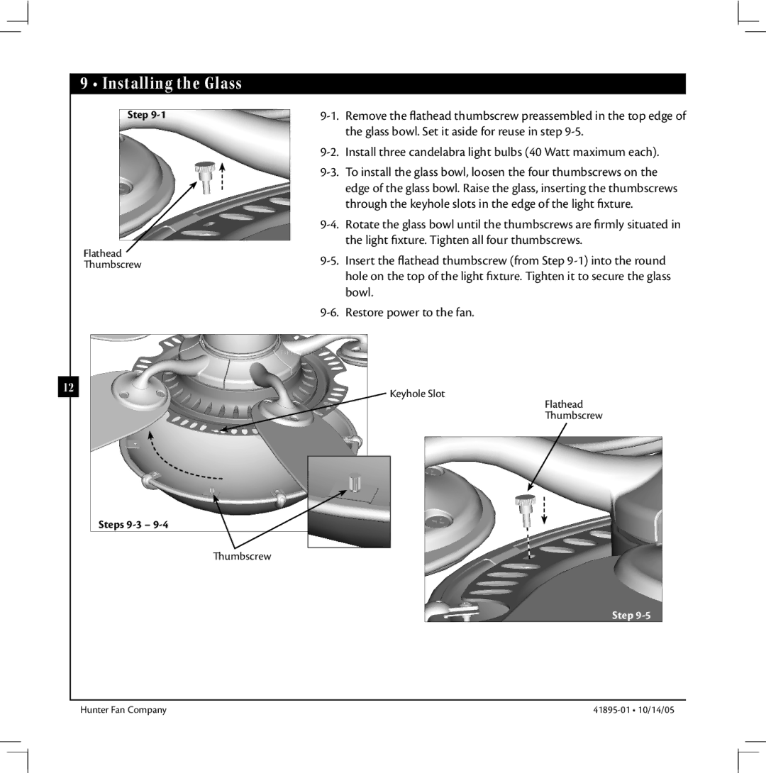 Hunter Fan 41895-01 manual Installing the Glass 