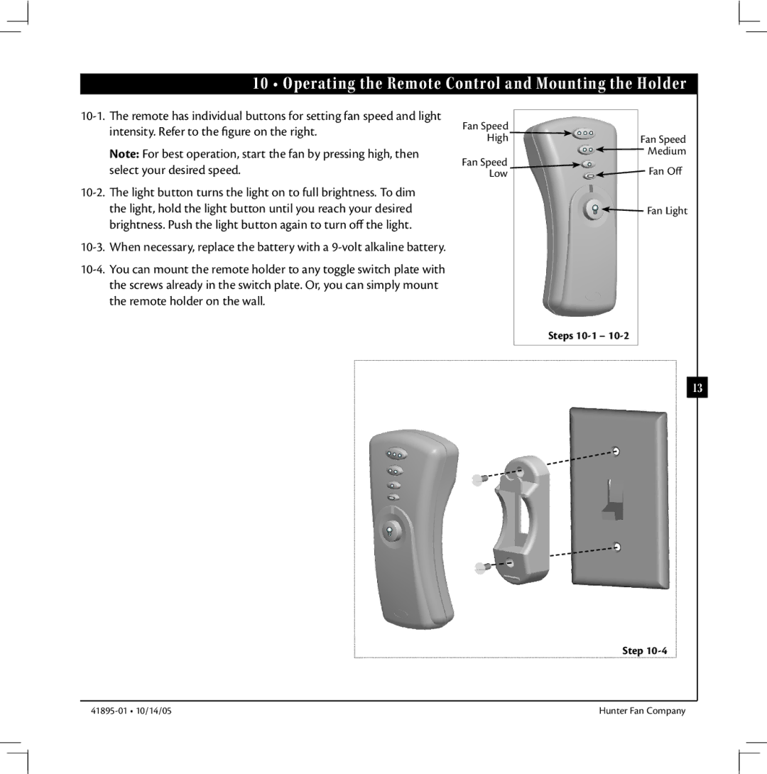 Hunter Fan 41895-01 manual Operating the Remote Control and Mounting the Holder 