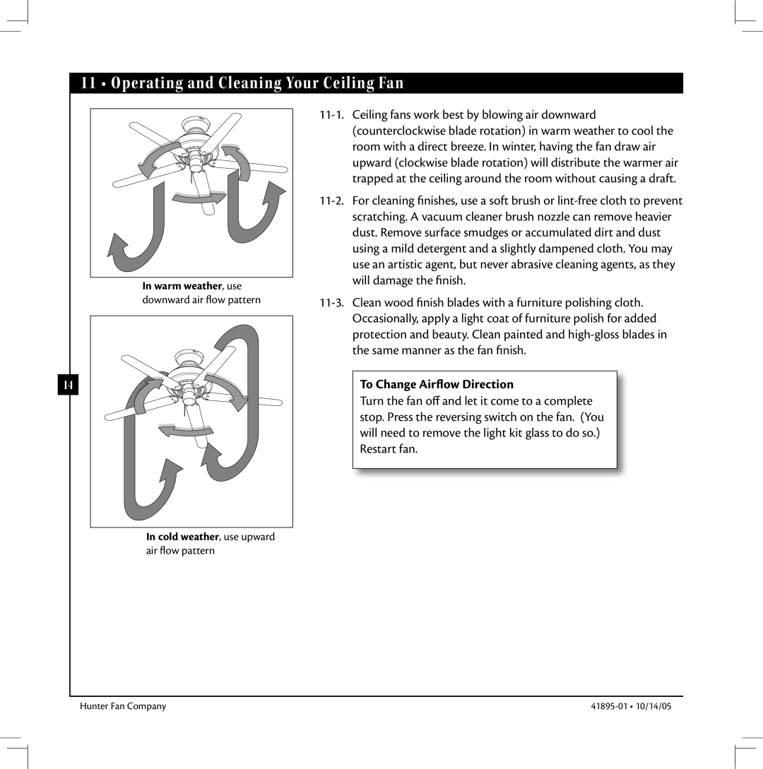 Hunter Fan 41895-01 manual Operating and Cleaning Your Ceiling Fan, To Change Airflow Direction 